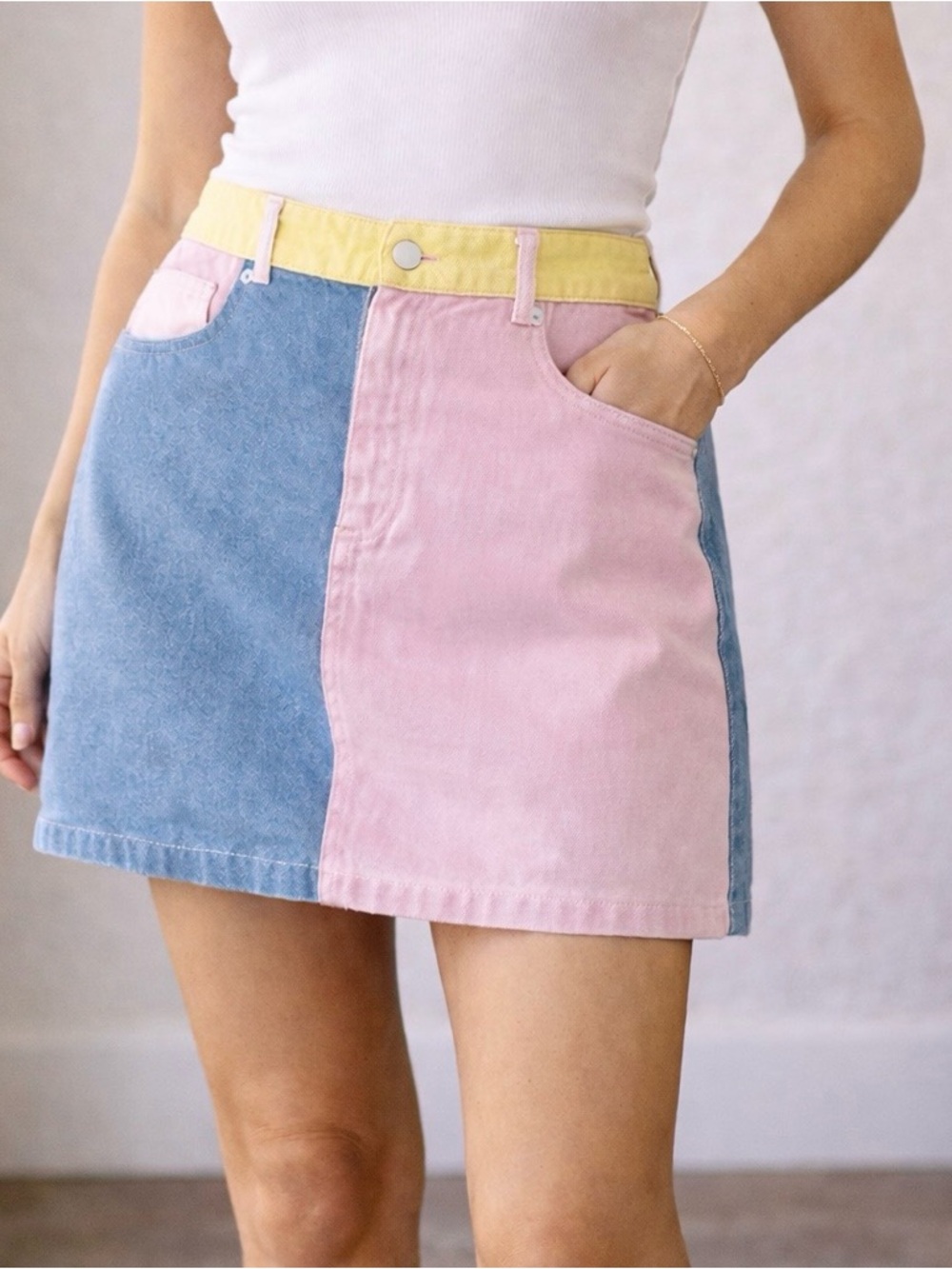 ASOS Hello Kitty Colorblock Denim Mini Skirt Pink Blue Yellow Size US 10